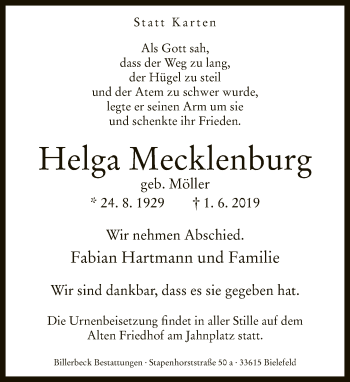Traueranzeige von Helga Mecklenburg von Neue Westfälische
