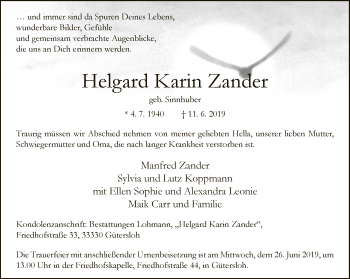 Traueranzeige von Helgard Karin Zander von Neue Westfälische