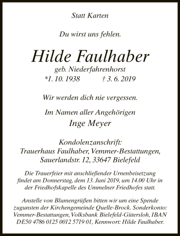 Traueranzeige von Hilde Faulhaber von Neue Westfälische