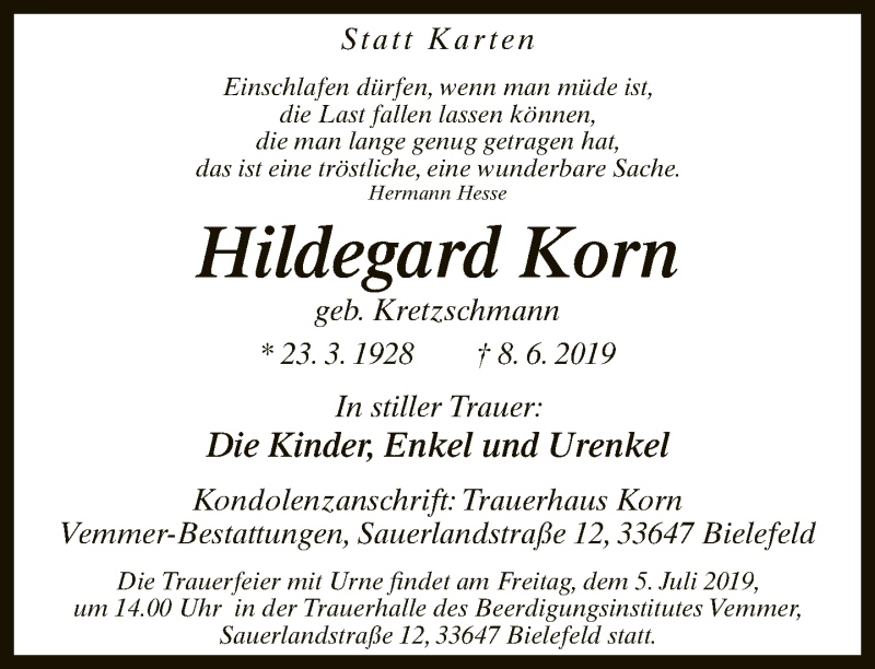  Traueranzeige für Hildegard Korn vom 15.06.2019 aus Neue Westfälische
