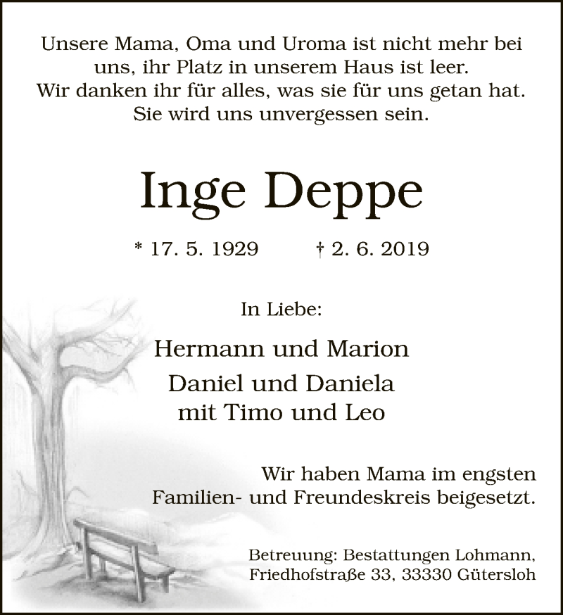  Traueranzeige für Inge Deppe vom 07.06.2019 aus Neue Westfälische