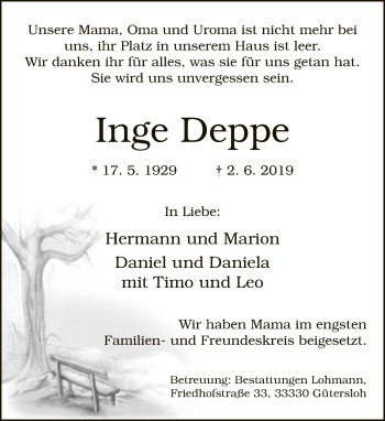 Traueranzeige von Inge Deppe von Neue Westfälische