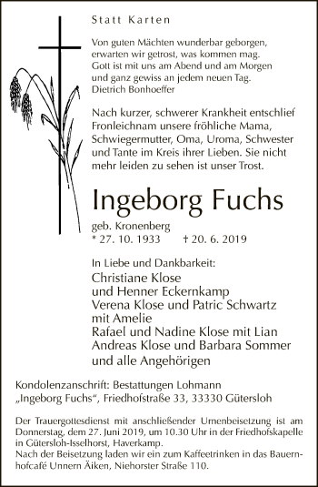Traueranzeige von Ingeborg Fuchs von Neue Westfälische