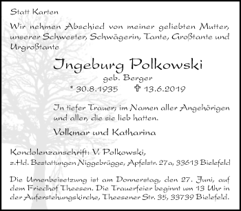 Traueranzeige von Ingeburg Polkowski von Neue Westfälische