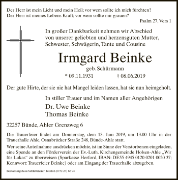 Traueranzeige von Irmgard Beinke von Neue Westfälische