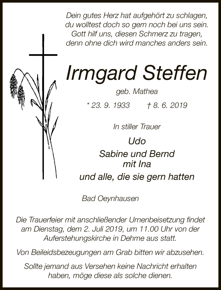  Traueranzeige für Irmgard Steffen vom 28.06.2019 aus Neue Westfälische