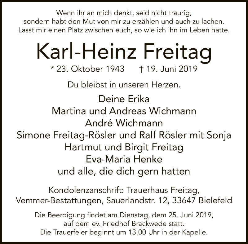  Traueranzeige für Karl-Heinz Freitag vom 22.06.2019 aus Neue Westfälische