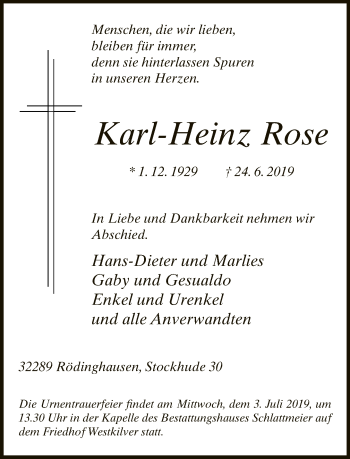 Traueranzeige von Karl-Heinz Rose von Neue Westfälische