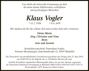 Traueranzeige von Klaus Vogler von Neue Westfälische