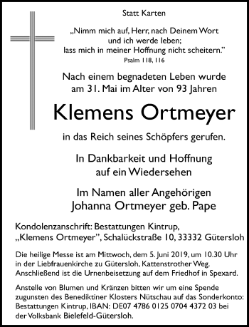 Traueranzeige von Klemens Ortmeyer von Neue Westfälische