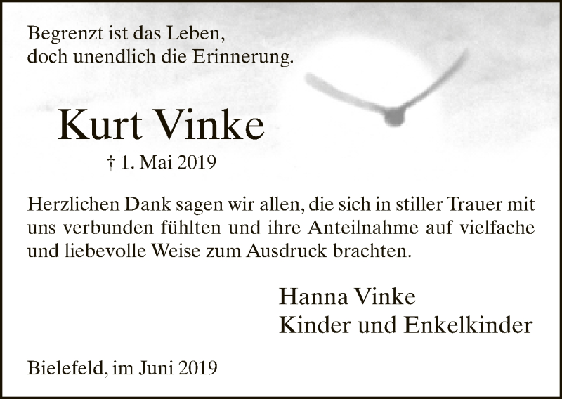  Traueranzeige für Kurt Vinke vom 08.06.2019 aus Neue Westfälische