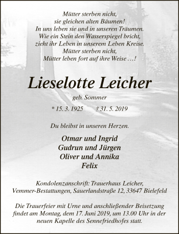 Traueranzeige von Lieselotte Leicher von Neue Westfälische