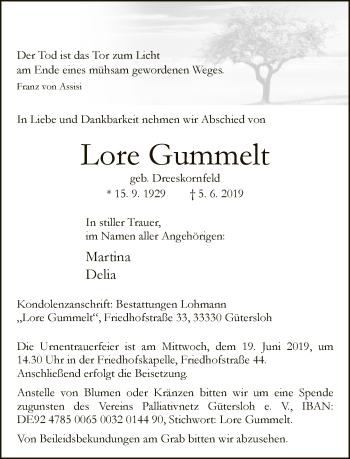 Traueranzeige von Lore Gummelt von Neue Westfälische