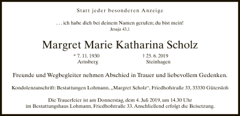 Traueranzeige von Margret Marie Katharina Scholz von Neue Westfälische