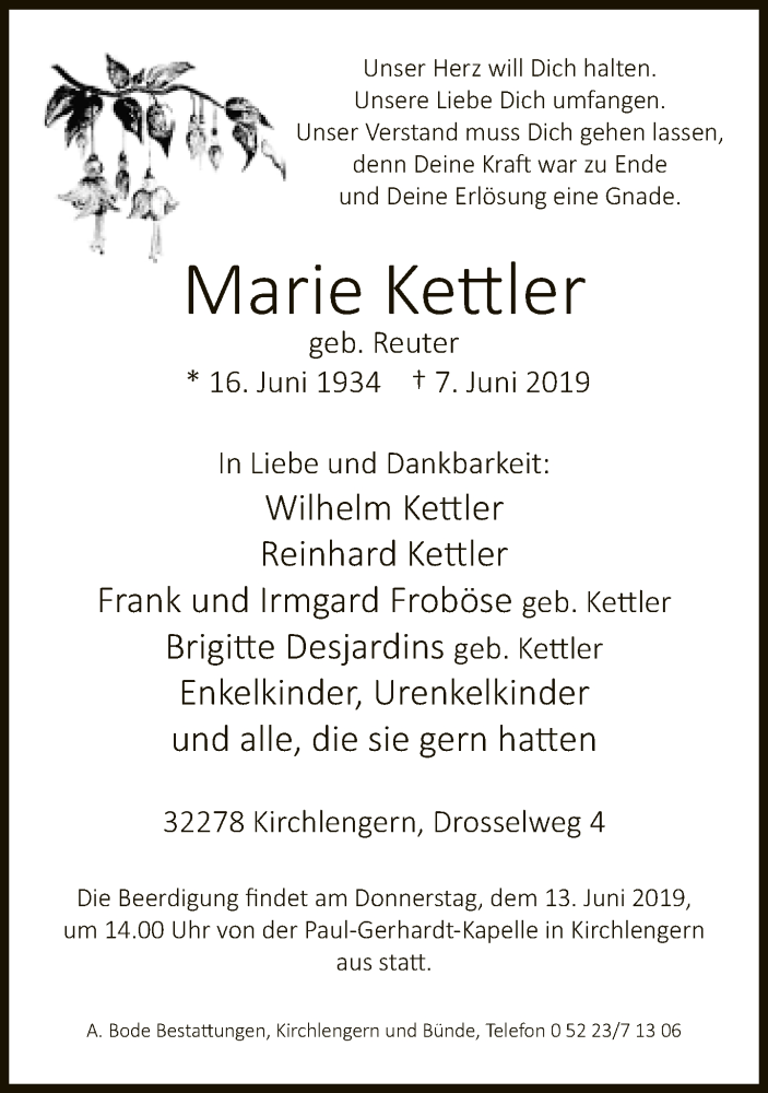  Traueranzeige für Marie Kettler vom 11.06.2019 aus Neue Westfälische