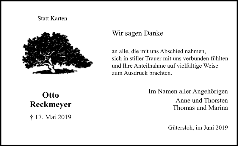  Traueranzeige für Otto Reckmeyer vom 15.06.2019 aus Neue Westfälische