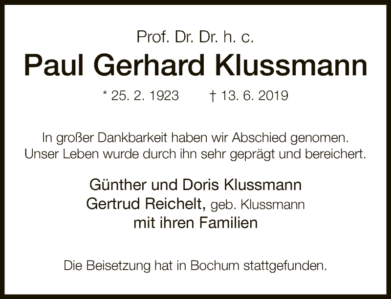  Traueranzeige für Paul Gerhard Klussmann vom 26.06.2019 aus Neue Westfälische
