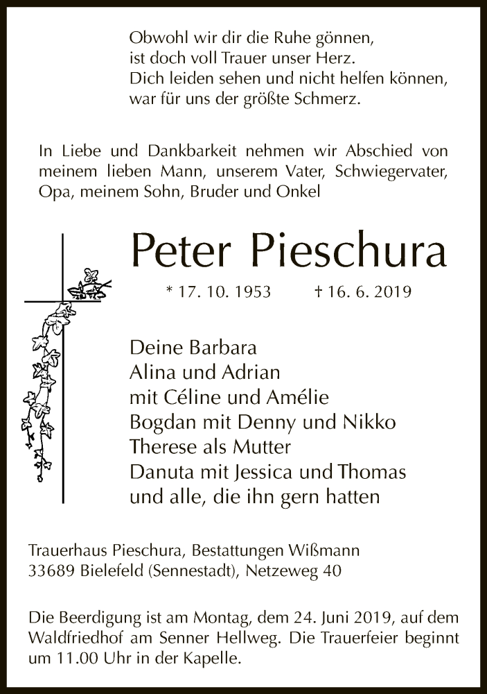  Traueranzeige für Peter Pieschura vom 19.06.2019 aus Neue Westfälische