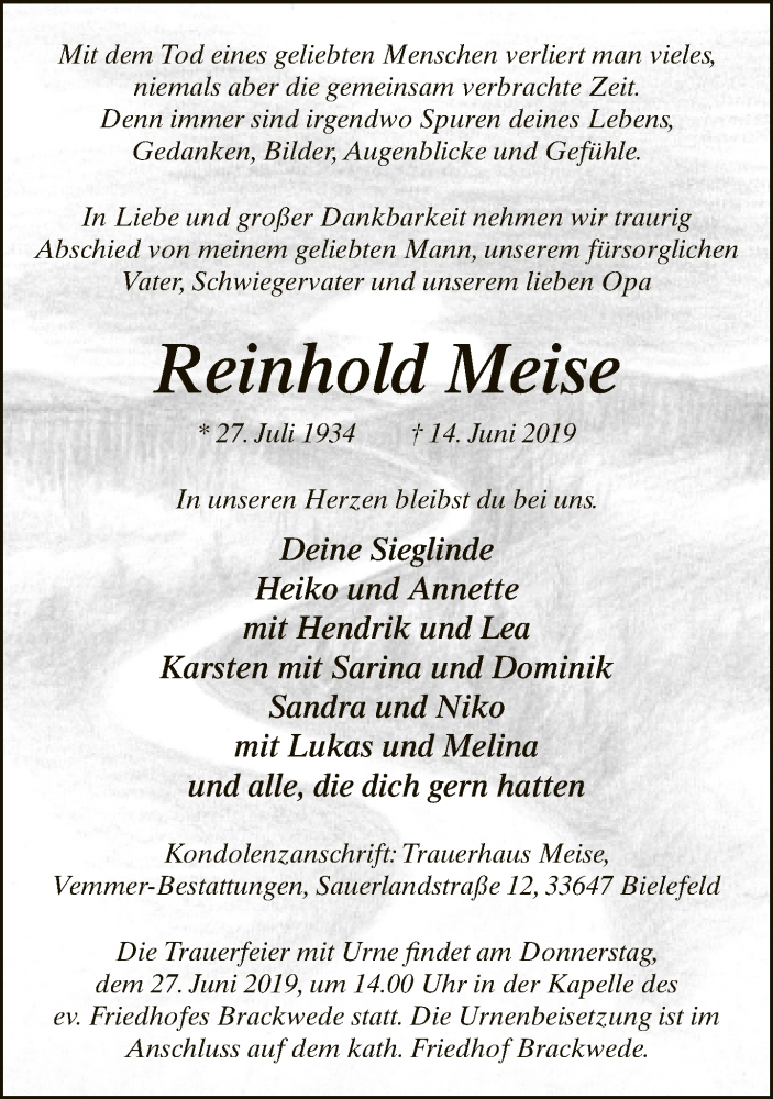  Traueranzeige für Reinhold Meise vom 19.06.2019 aus Neue Westfälische