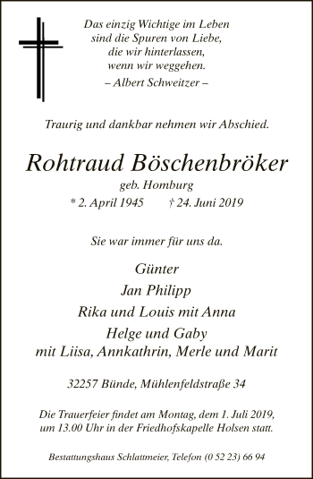 Traueranzeige von Rohtraud Böschenbröker von Neue Westfälische