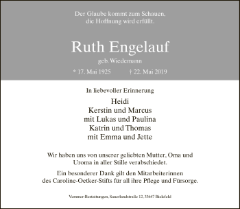 Traueranzeige von Ruth Engelauf von Neue Westfälische