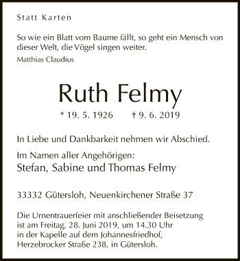 Traueranzeige von Ruth Felmy von Neue Westfälische
