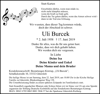 Traueranzeige von Uli Burcek von Neue Westfälische