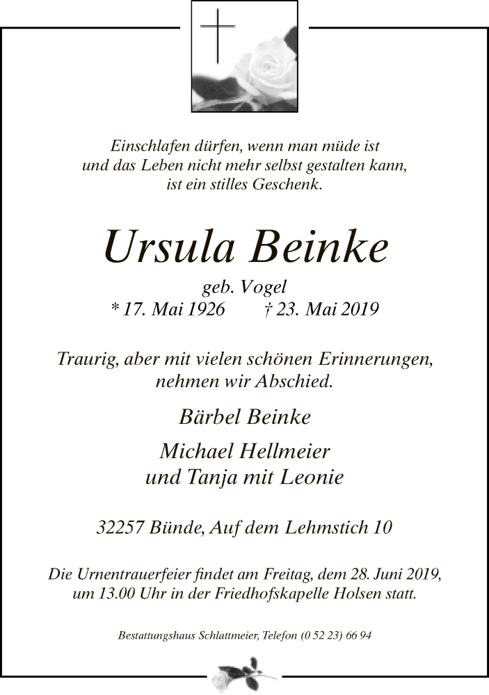  Traueranzeige für Ursula Beinke vom 25.06.2019 aus Neue Westfälische
