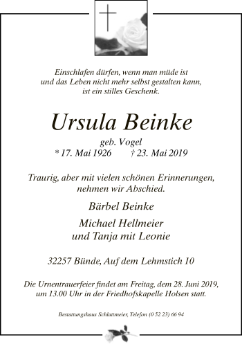 Traueranzeige von Ursula Beinke von Neue Westfälische