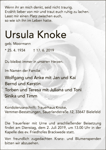 Traueranzeige von Ursula Knoke von Neue Westfälische