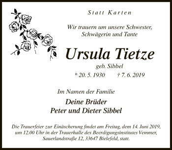 Traueranzeige von Ursula Tietze von Neue Westfälische