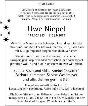 Traueranzeige von Uwe Niepel von Neue Westfälische