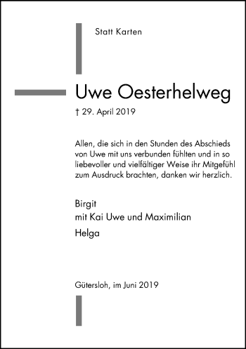 Traueranzeige von Uwe Oesterhelweg von Neue Westfälische