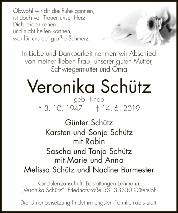 Traueranzeige von Veronika Schütz von Neue Westfälische