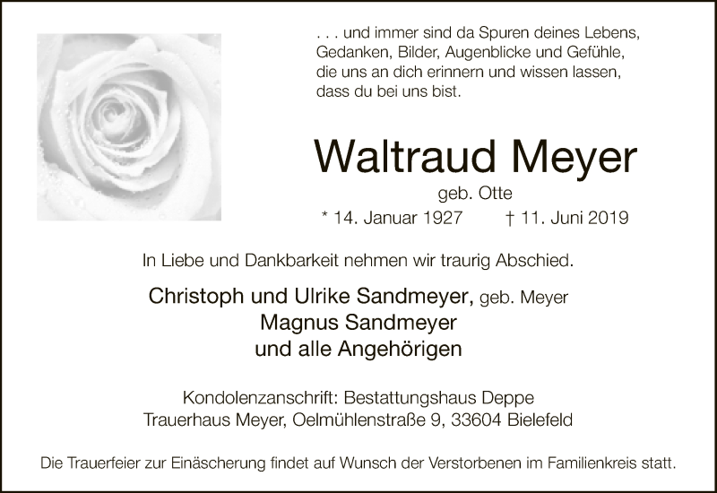  Traueranzeige für Waltraud Meyer vom 15.06.2019 aus Neue Westfälische