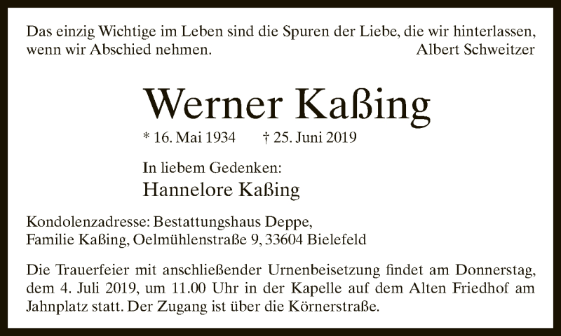  Traueranzeige für Werner Kaßing vom 29.06.2019 aus Neue Westfälische