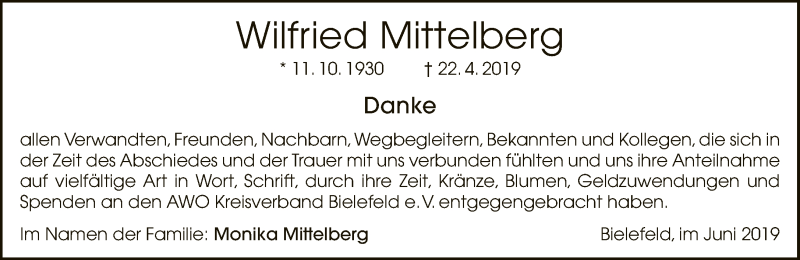  Traueranzeige für Wilfried Mittelberg vom 01.06.2019 aus Neue Westfälische