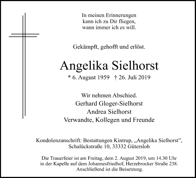  Traueranzeige für Angelika Sielhorst vom 30.07.2019 aus Neue Westfälische