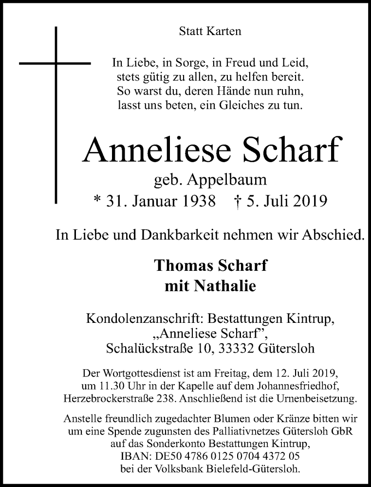  Traueranzeige für Anneliese Scharf vom 09.07.2019 aus Neue Westfälische