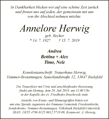 Traueranzeige von Annelore Herwig von Neue Westfälische
