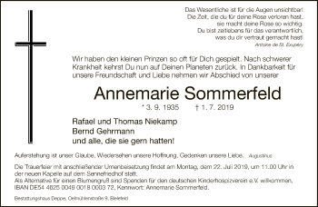 Traueranzeige von Annemarie Sommerfeld von Neue Westfälische