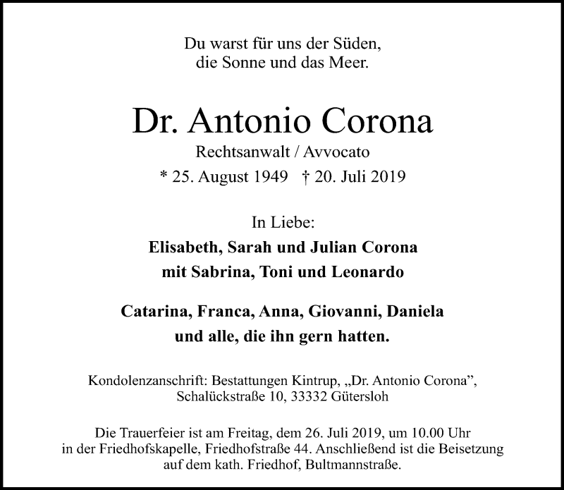  Traueranzeige für Antonio Corona vom 23.07.2019 aus Neue Westfälische