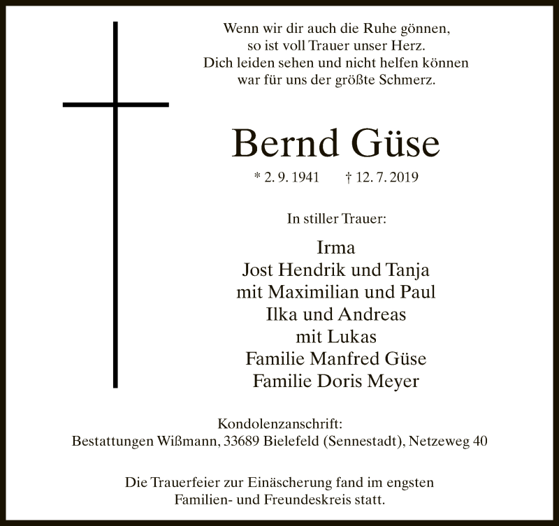  Traueranzeige für Bernd Güse vom 20.07.2019 aus Neue Westfälische
