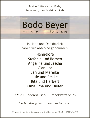 Traueranzeige von Bodo Beyer von Neue Westfälische