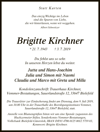 Traueranzeige von Brigitte Kirchner von Neue Westfälische