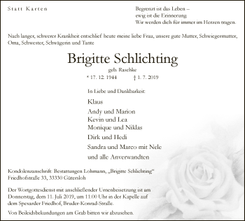 Traueranzeige von Brigitte Schlichting von Neue Westfälische