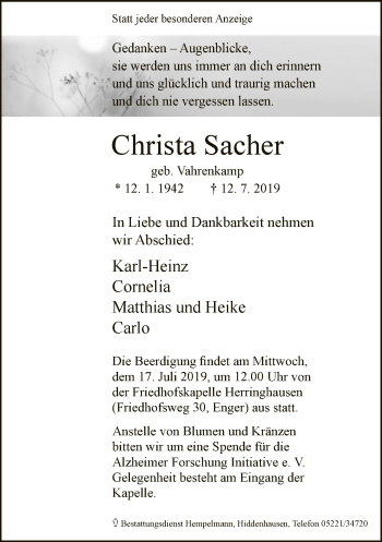 Traueranzeige von Christa Sacher von Neue Westfälische