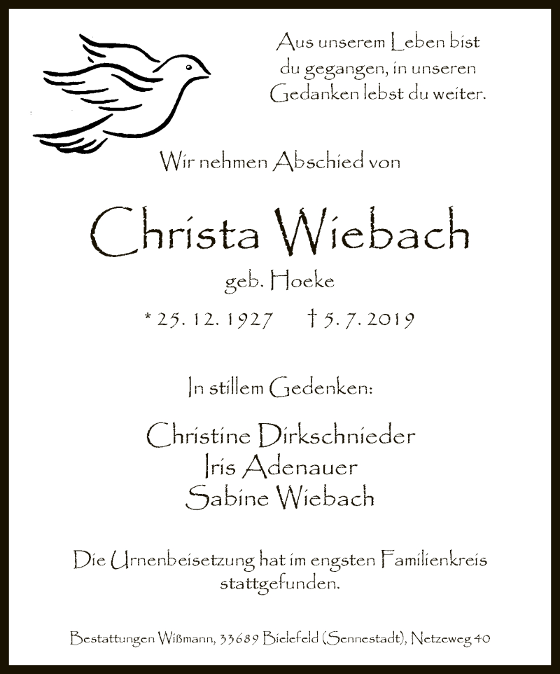  Traueranzeige für Christa Wieback vom 20.07.2019 aus Neue Westfälische
