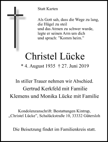 Traueranzeige von Christel Lücke von Neue Westfälische
