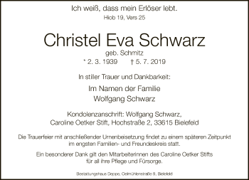 Traueranzeige von Christel Eva Schwarz von Neue Westfälische